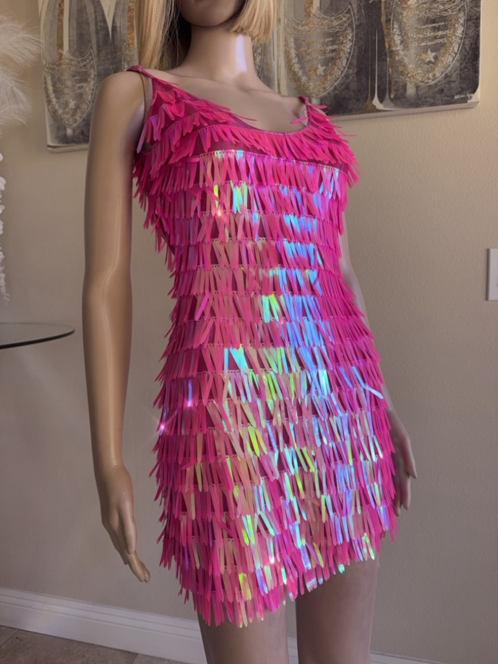 White Fox Boutique Neon Sequins Pink Fringe Mini Dress